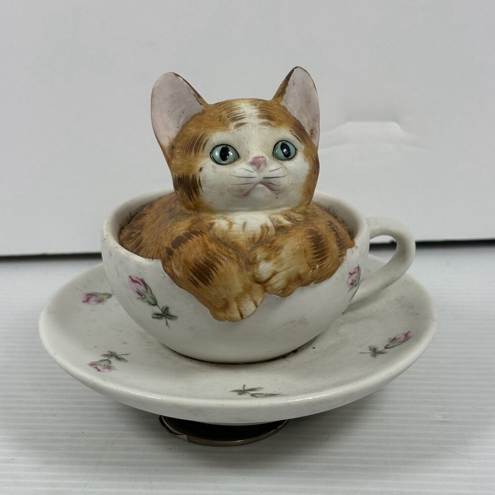 VTG Music Box Cat Figurine In Teacup With Saucer Hand-Painted Ceramic Floral Des - Picture 5 of 16